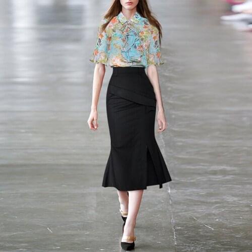 2021 Summer New Skirt Set Fashion Design Women Flower Printed Ruffles Shirt+High Waist Split-hipped Skirt Tao Pieces Set