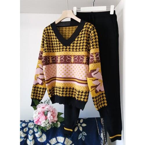 2021 New Fashion Autumn Winter Women Suits Houndstooth Knitted Jacquard Pullover Sweater and Pants Two Piece Set
