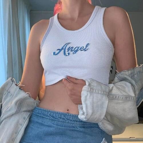 Angel Letter Embroidery Ribbed Knit White Crop Top Sexy Fashion Women Tanks Sports Summer Clothes Female Hot