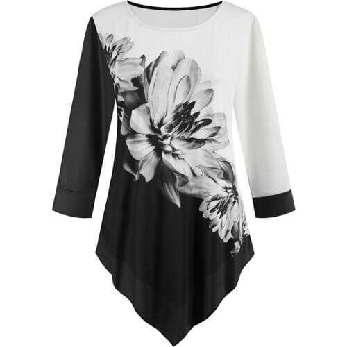 White Womens Shirt Elegant Flower Printed Womens Blouse Casual Patchwork Three Quarter Sleeve Tunic Plus Size Leopard Shirt