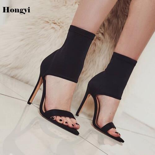 Womens Boots Black Elastic Sock Boots Ladies Open Toe High Heels Fashion Ankle Boots Women Pumps