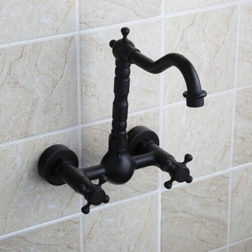Oil Rubbed Bronze Wall Mount Bathroom Kitchen Faucet Dual Handle Hot and Cold Water Tap 360 Swivel Long Spout Kitchen Mixer Tap