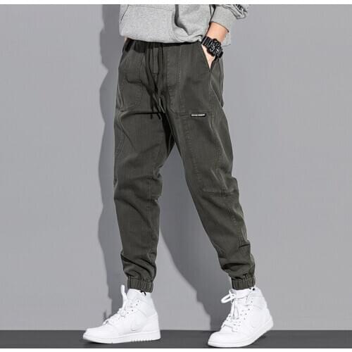 Fashion Streetwear Men Jeans Loose Fit Spliced Designer Casual Cargo Pants Elastic Waist Hip Hop Joggers Wide Leg Harem Trousers