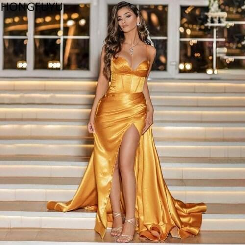 HONGFUYU Gold Sweetheart Evening Dresses Satin Long Party Formal Gowns robe de soiree Sexy High Split Prom Dress Abendkleider