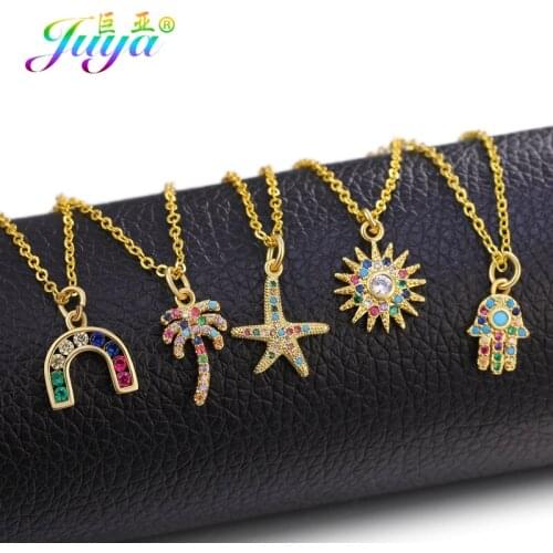 Juya 2019 Micro Pave Rainbow Zircon Horseshoe Coconut Tree Hamsa Hand Star Gold Pendant Necklace For Women Men Christmas Gift