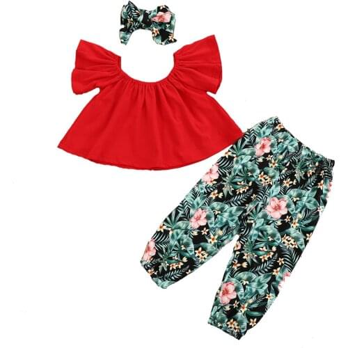 3Pieces Kids Suit Casual Set Solid Color Round Neck Short Sleeve Tops Floral Print Trousers Bow Headband for Summer 1-6 Years