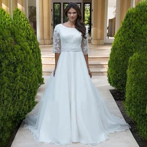 A-Line Lace Bodice With Illusion Half Sleeves Wedding Dress Beaded Banded Waist Organza Skirt Bridal Gowns