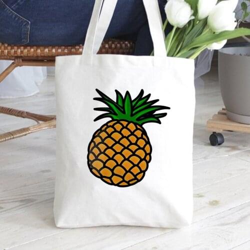 Fashion White Totes Canvas Book Bag Women Cute Pineapple Music Print Eco Reusable Shopping Bag Students Gift Travel Storage Bag