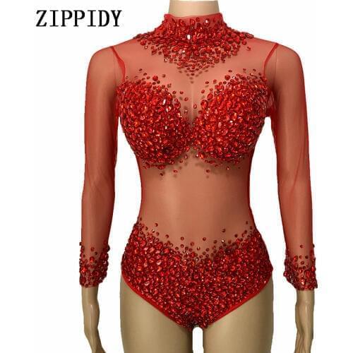 Fashion Shining 4 Colors Stones Perspective Mesh Bodysuit long Sleeves Sexy Stage Performance luxurious Rhinestones Leotard