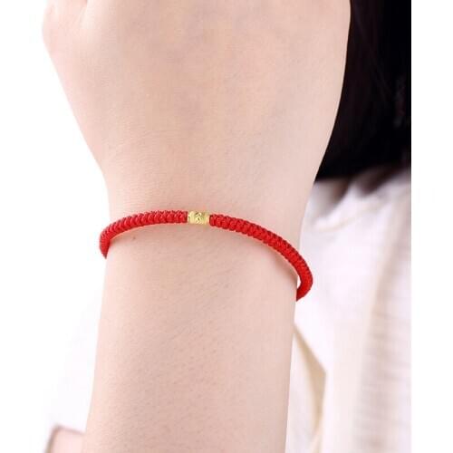 Real 24K Yellow Gold Lucky Tube Bead with Red Cord Bracelet For Women