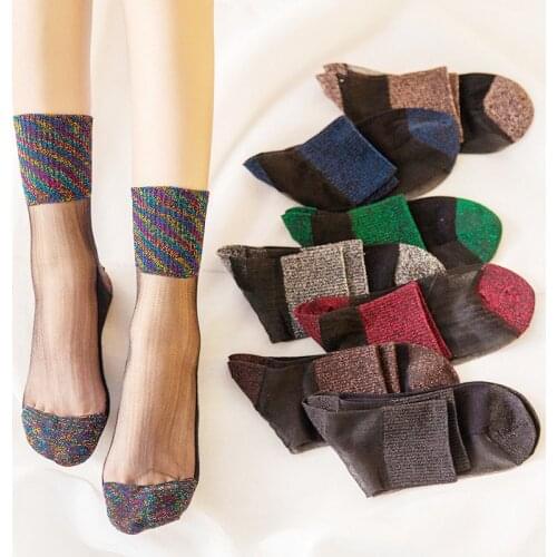 Summer New Fashion Female Ultrathin Transparent Crystal Socks Pretty Glitter Lace Shiny Elastic Glass Silk Short Socks Meias