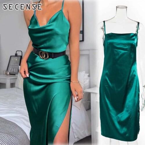 Spaghetti Strap Midi Dress Satin Split Up Green Black Blue Side Dress Slim Summer Party Women Clothing SECENSE