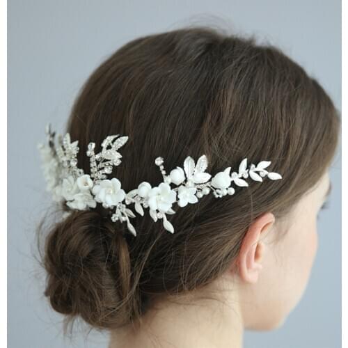 White Porcelain Flower Bridal Hair Comb Crown Silver Color Rhineastone Women Headpiece Wedding Prom Hair Accessories Tiara