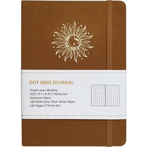 Handmade Perfect Binding A5 Hardcover Brown Cloth Sun Journal Planner With 160GSM 160 Pages Dotted Paper