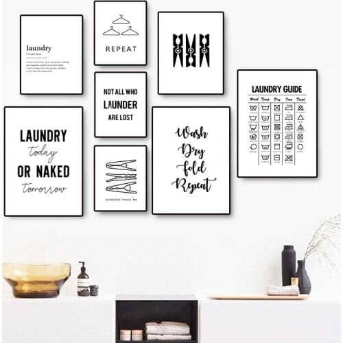 Self-adhesive Wall Stickers Laundry Signs Wall Art Painting Poster Wash Dry Fold Repeat Molecular Picture Laundry Room Decor