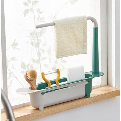 Telescopic 2-in-1 Sink Shelf Kitchen Sinks Organizer Soap Towel Sponge Holder Drain Rack Storage Basket Gadgets Accessories