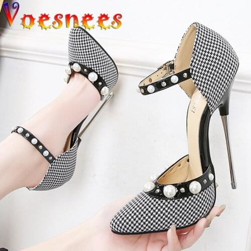Womens Pumps 2021 Pearl Thin Super High Heels Pointed Mixed Colors Plaid Shoes Wild Buckle Strap Party Women Shoes Big Size 46
