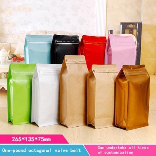 One pound coffee packaging bag, eight sides sealing bag, self-sealing bag, air valve bag, coffee bean packaging bag