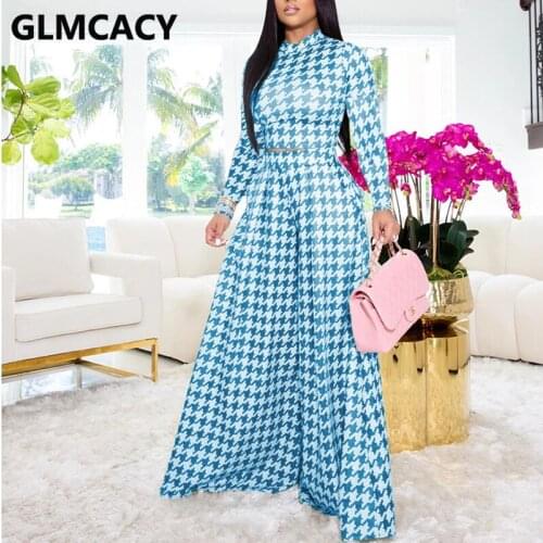 Women Two Piece Houndstooth Suits Long Sleeve Crop Top Shirt & Wide Leg Loose Pants Set