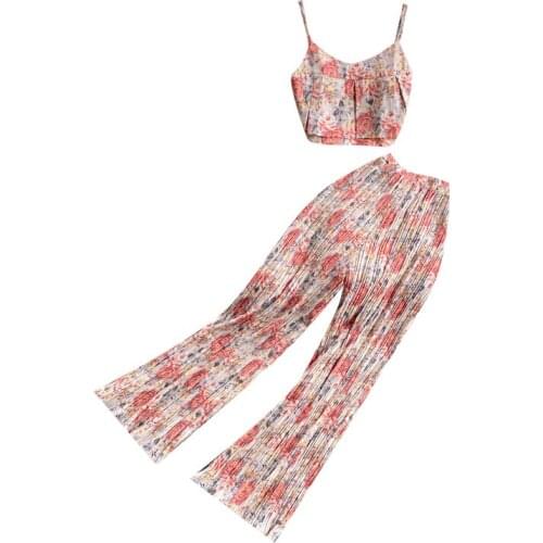 2021 New Summer Vacation Style Sweet Floral Women Sets Sexy Camisole Crop Top And Pleated Wide Leg Two Piece Set