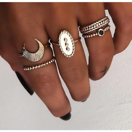 Antique Gold Color Finger Ring Set for Women Fashion Punk Boho Moon Pattern Knuckle Rings For Girl 5 Pcs/Set Party Jewelry