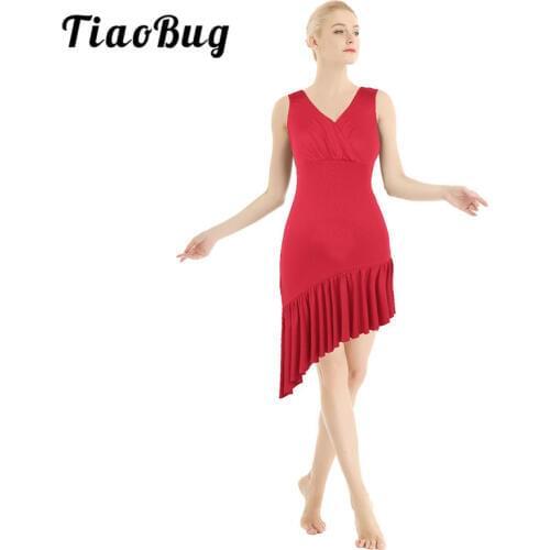 TiaoBug Adult Sleeveless V-neck Asymmetrical Ruffle Rumba Tango Salsa Women Fringe Latin Dance Dress Competition Stage Costume