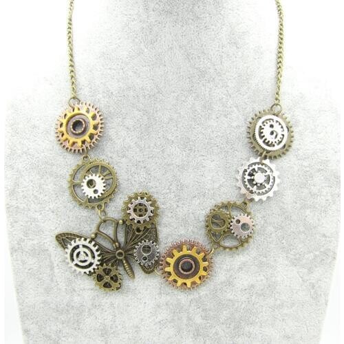 Punk Style Multi Gears with Nice Butterfly Vintage Steampunk Necklace Women Jewellery
