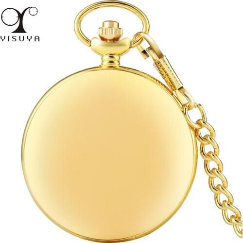 Golden Mirror Smooth Double Hunter Quartz Pocket Watch Fob Pocket Pocket Chain Arabic Numerals Dial Unisex Antique Clock