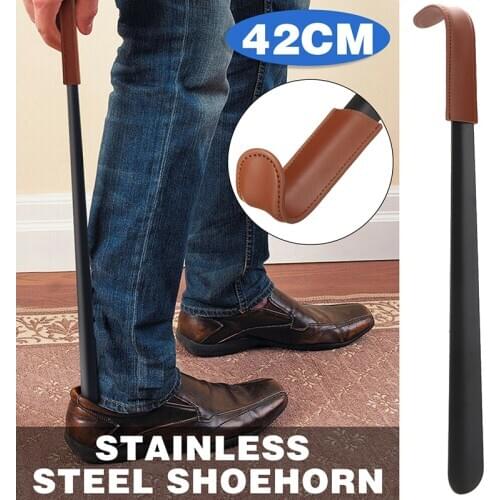 1pc 42cm Black Leather Handle Stainless Steel Shoehorn Boots Lifter Tool Protect Your Heel Suitable For Most Footwear