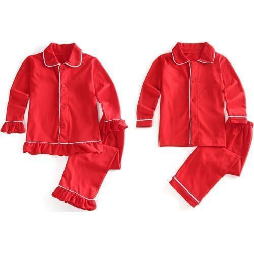 100% cotton 2 pieces button up girls boys sleepwear pyjamas sibling kids children solid red christmas pajamas set