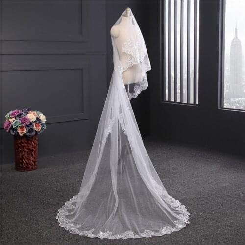 2020 Real Photos One Layer Lace Appliques Edge 3M Long Wedding Veils without Comb New White Ivory Bridal Veils