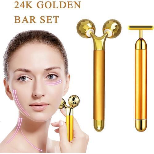 24k Gold Energy Beauty Bar Set 3D Facial Vibration Massager Face Massage Stick Anti Aging Skin Tighten Roller Reduce Double Chin
