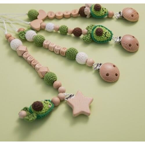 Pacifier Chain Clip for Baby Personalized Name Wooden Avocado Pacifier Chain Teething Beads Baby Toy Pendent for Birthday