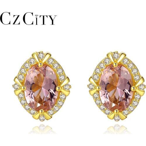 CZCITY Real 925 Sterling Silver Luxury Gemstone Stud Earrings for Women Big Oval Morganite Engagement Earrings Jewellery Brincos