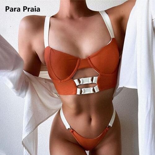 Para Praia 2021 Sexy Bandage Bikini Women Swimwear Hollow Out Bandeau Bikini Brazilian Swimsuit Thong Bathing Suit Summer