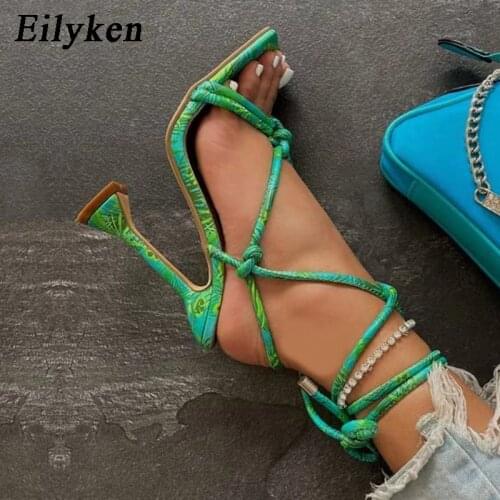 Eilyken Fashion Print Pattern Ankle Strap Sandals 2021 New Summer Ankle Lace-Up Shoes Spike High Heels Square Toe Ladies Pumps