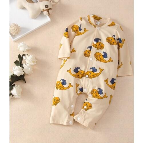 Hot Selling Cotton Cartoon Whale Print Long Sleeve Single Breasted Baby Romper Casual Soft Fall Winter Baby Boy Clothes 0-18M