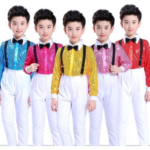 Boys Hip Hop Costume Children Colourful Jazz Sequin Shirts Suit Stage Outfits Kids Street Dancing Performance Wear DNV10646