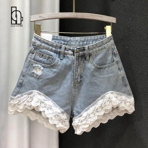Summer Lace Kawaii Mini Jeans Pants Women A-Line Patchwork Party Elegant Sweet Pants Korean Casual Chic Loose Wide Leg Pants