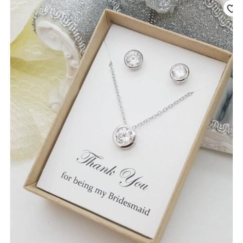Personalize any text wedding bridesmaid classic round CZ necklace earrings sets maid of honour Jewelry Set proposal gifts