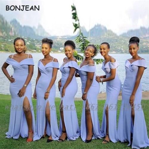 Sky Blue African Bridesmaid Dresses 2021 Mermaid Split Elastic Satin Bridesmaid Dress Plus Size for Women Wedding
