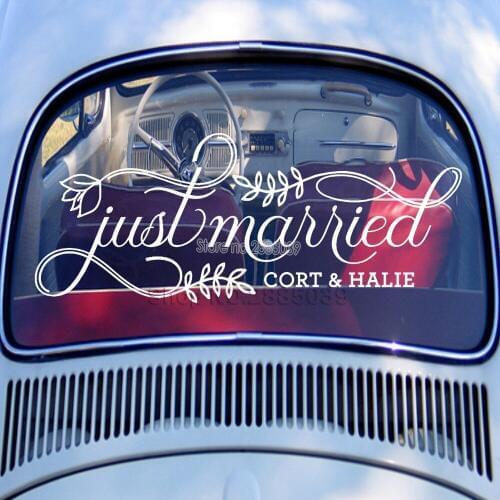 Fancy Just Married Car Sign Custom Vinyl Decal Wedding Car Sticker personalised Name Art Decals Window Glass Decor New LC775