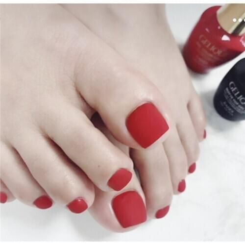 24pcs/box Bright Red Matte Nails for foot Square Head Paragraph Manicure Accessorie Summer Brides Fake Toenail Patch Nail Art
