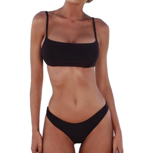 Solid Color Sexy Women Strap Top Padded Bra High Waist Panties Bikini Swimwear Set for 2021 Summer