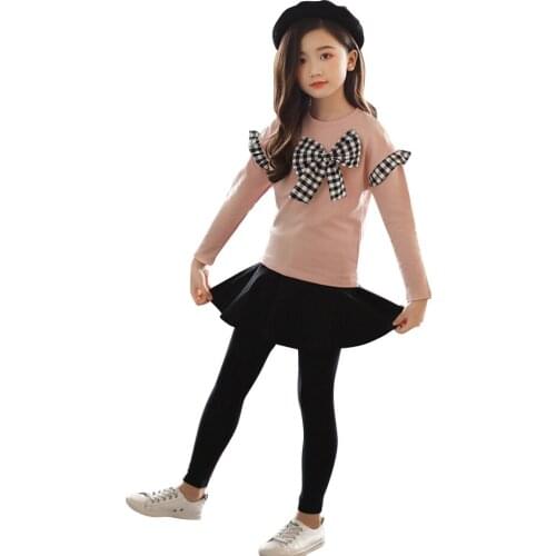 Teen Girls Clothing Plaid Sweatshirt + Cake Pants Suit For Girls Big Bow Big Girls Clothes Casual Style Childrens Clothing