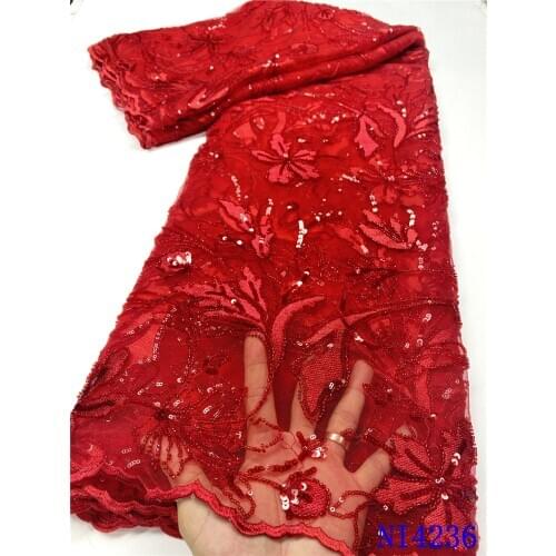 Luxury Red Beaded Lace Fabric High Quality African Lace Embroidery Handmade Beads Lace Fabric for Nigerian Wedding Sewing NI4236