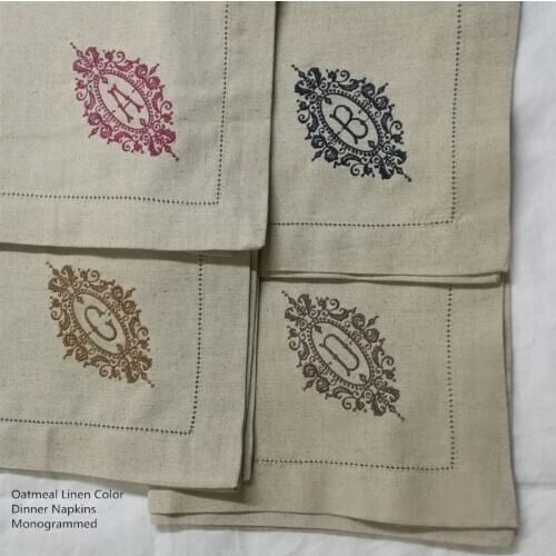 Ste of 12 Fashion Monogrammed Napkins Oatmeal Linen Color Dinner Napkins Table Napkin Embroidery Color Initial20x 20- inch