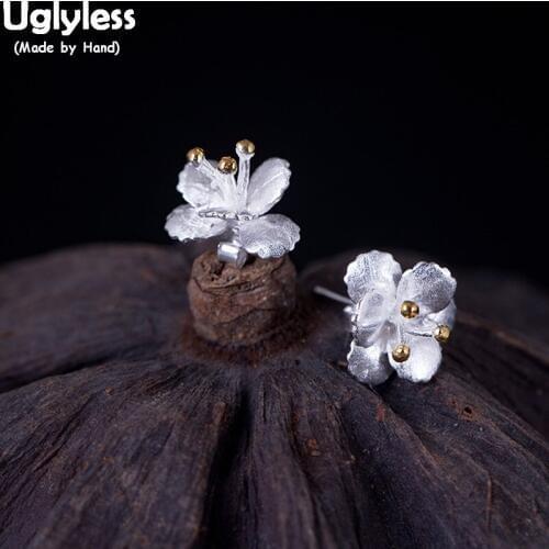 Uglyless 100% Real Solid 925 Sterling Silver Flowers Studs for Women Creative 3D Floral Stud Earrings Ethnic Wild Brincos Bijoux