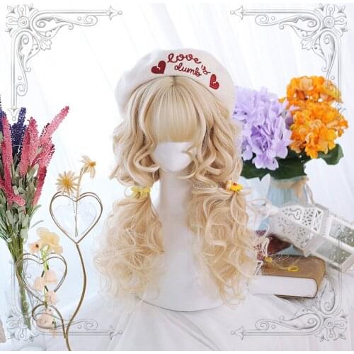High Quality Multicolor Lolita Chocolate And Golden Air Bangs Mid-Length Wool Curly Hair Wig Cosplay Party