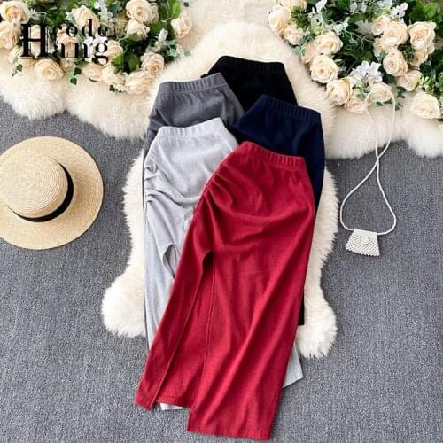 HangCode Sexy High Split Red Black Midi Skirt Women Elastic High Waist Ruched A-line Skirts Four Seasons Available Female Skirts